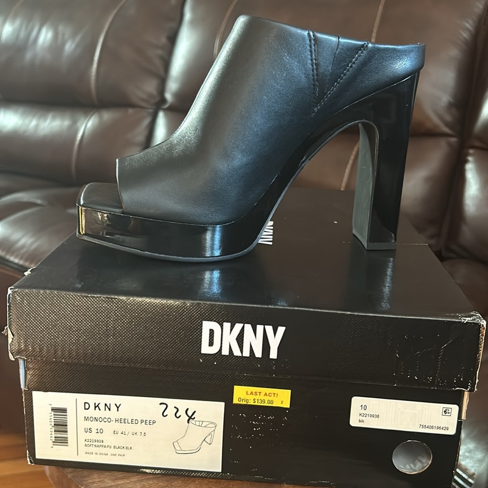 Brand New. DKNY MONOCO-HEELED PEEP. Size 10 soft nappa black